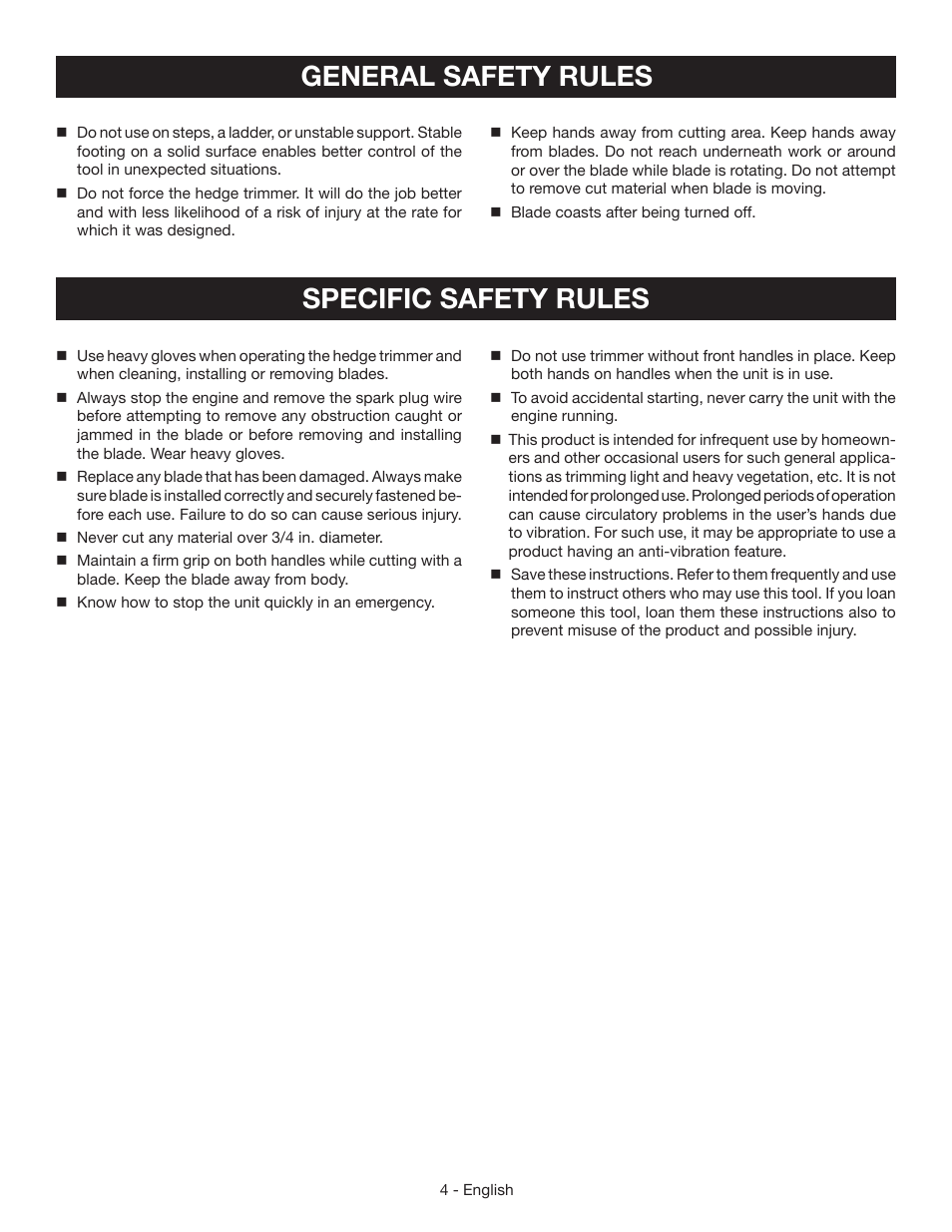 Specific safety rules, General safety rules | Ryobi RY39500 User Manual | Page 6 / 42