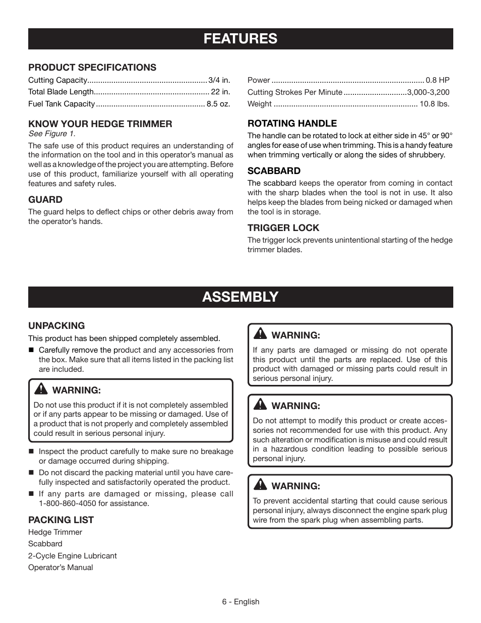 Features, Assembly | Ryobi RY39500 User Manual | Page 8 / 42