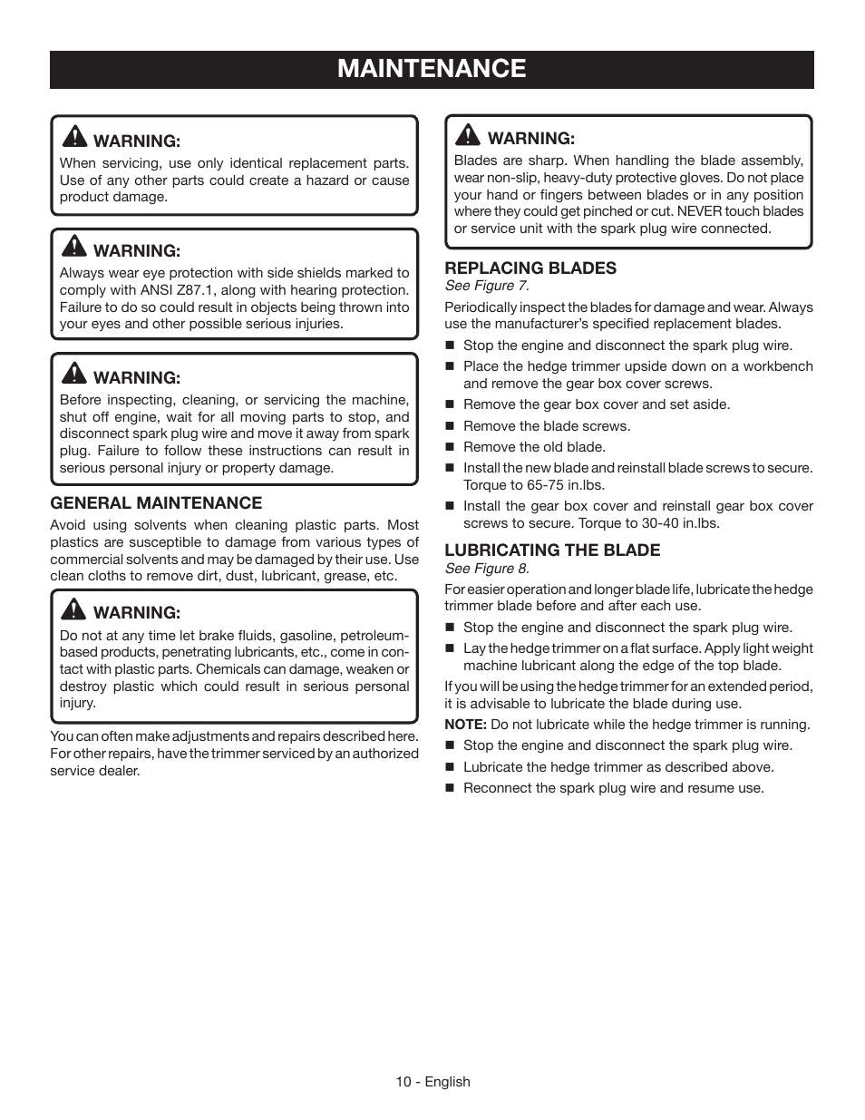 Maintenance | Ryobi RY39505 User Manual | Page 12 / 42