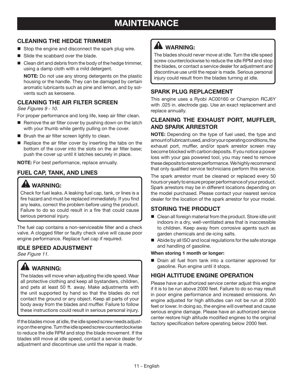 Maintenance | Ryobi RY39505 User Manual | Page 13 / 42