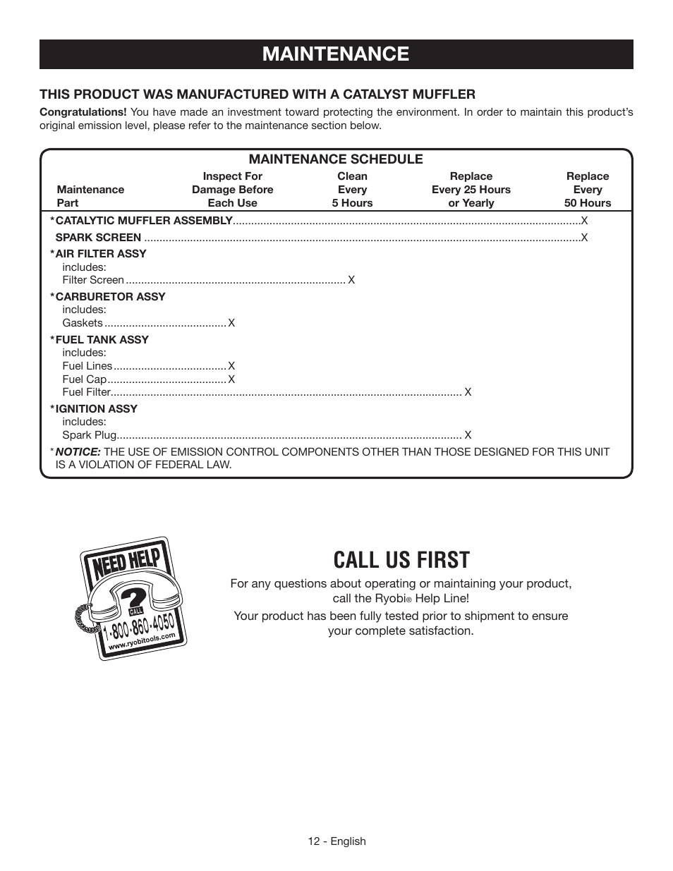 Call us first, Maintenance | Ryobi RY39505 User Manual | Page 14 / 42