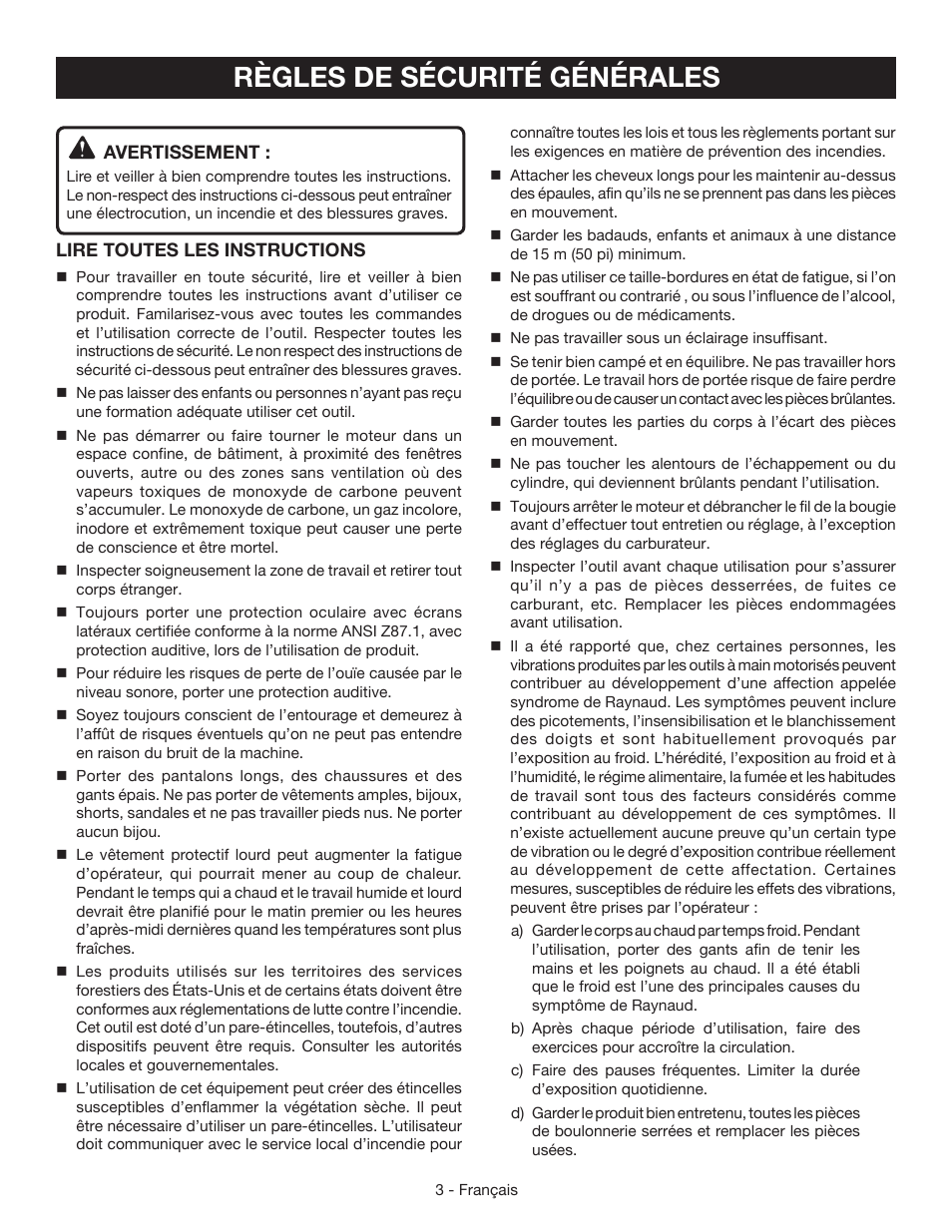 Règles de sécurité générales | Ryobi RY39505 User Manual | Page 17 / 42