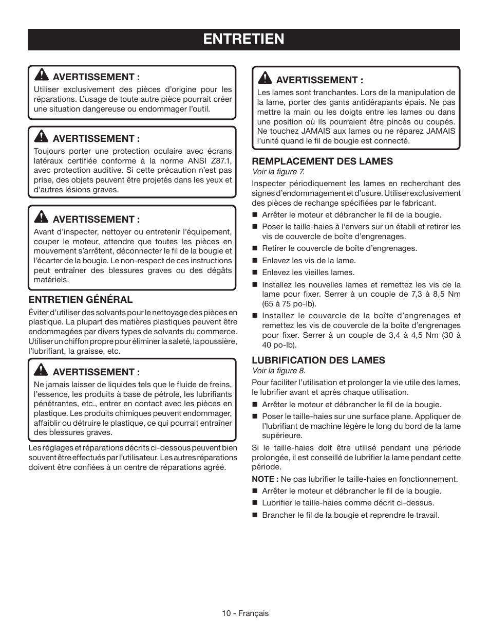 Entretien | Ryobi RY39505 User Manual | Page 24 / 42