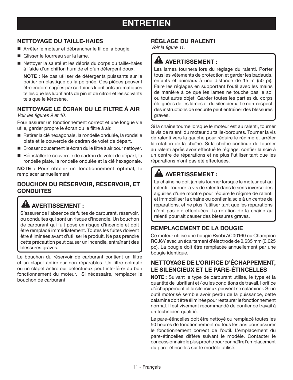 Entretien | Ryobi RY39505 User Manual | Page 25 / 42