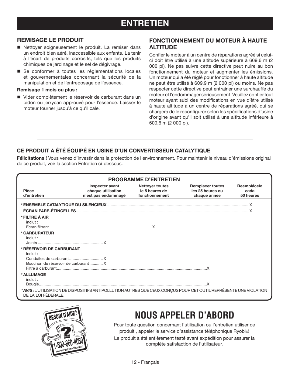 Nous appeler d’abord, Entretien, Besoin d’aid e | Ryobi RY39505 User Manual | Page 26 / 42