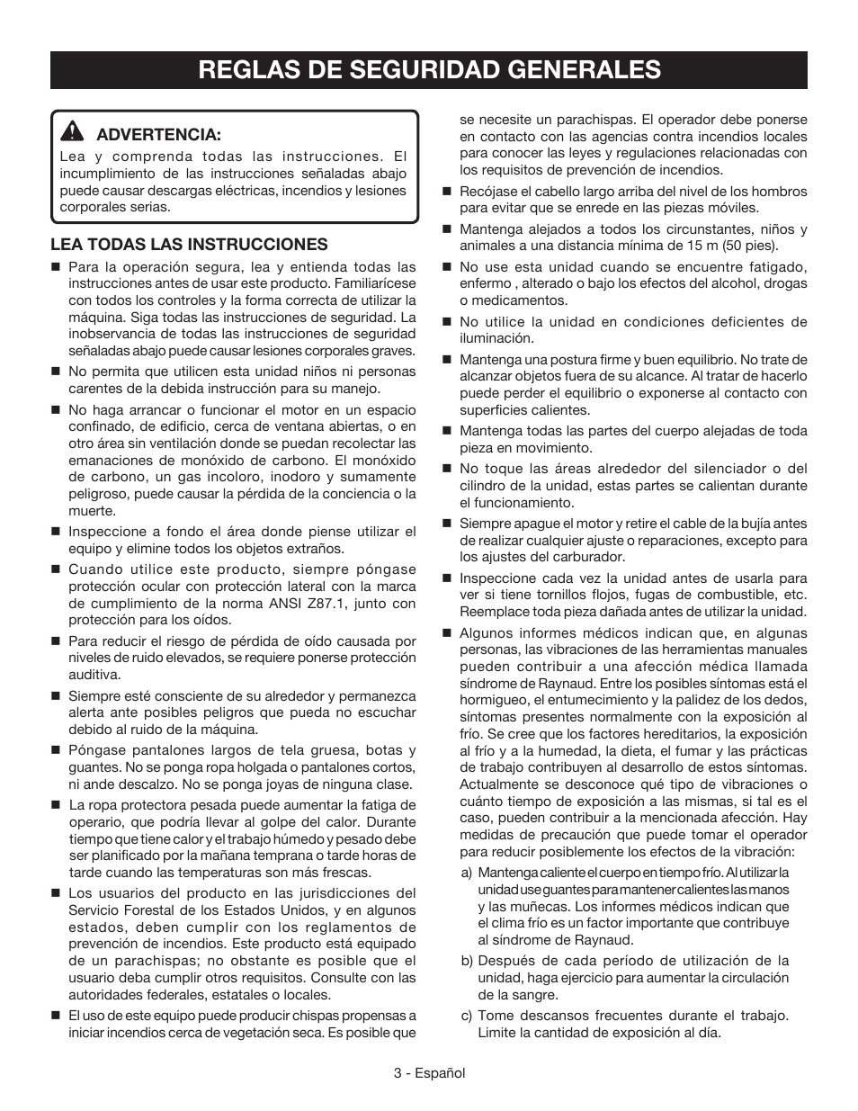 Reglas de seguridad generales | Ryobi RY39505 User Manual | Page 29 / 42