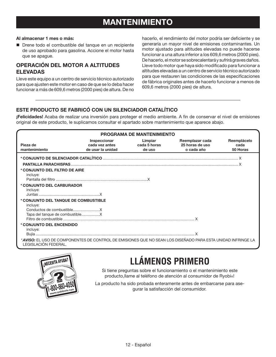 Llámenos primero, Mantenimiento | Ryobi RY39505 User Manual | Page 38 / 42