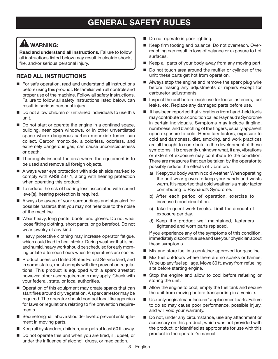 General safety rules | Ryobi RY39505 User Manual | Page 5 / 42