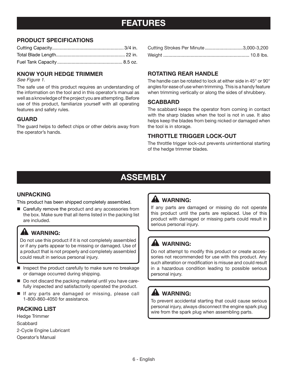 Features, Assembly | Ryobi RY39505 User Manual | Page 8 / 42