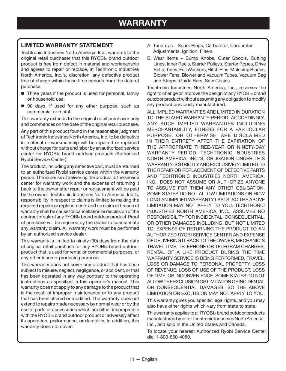 Warranty, Limited warranty statement | Ryobi RY40600 User Manual | Page 13 / 34