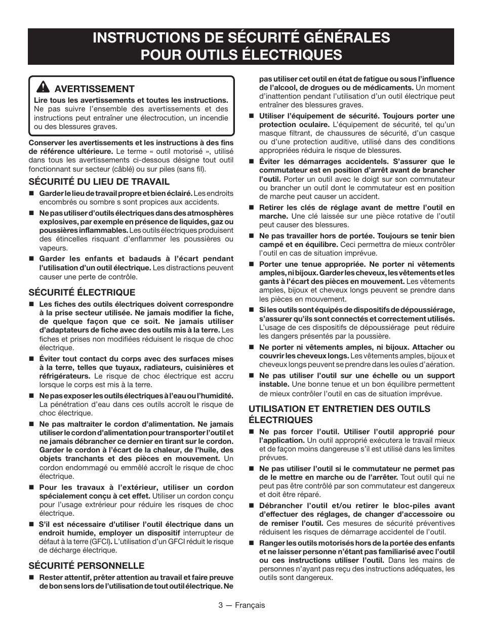 Avertissement | Ryobi RY40600 User Manual | Page 14 / 34