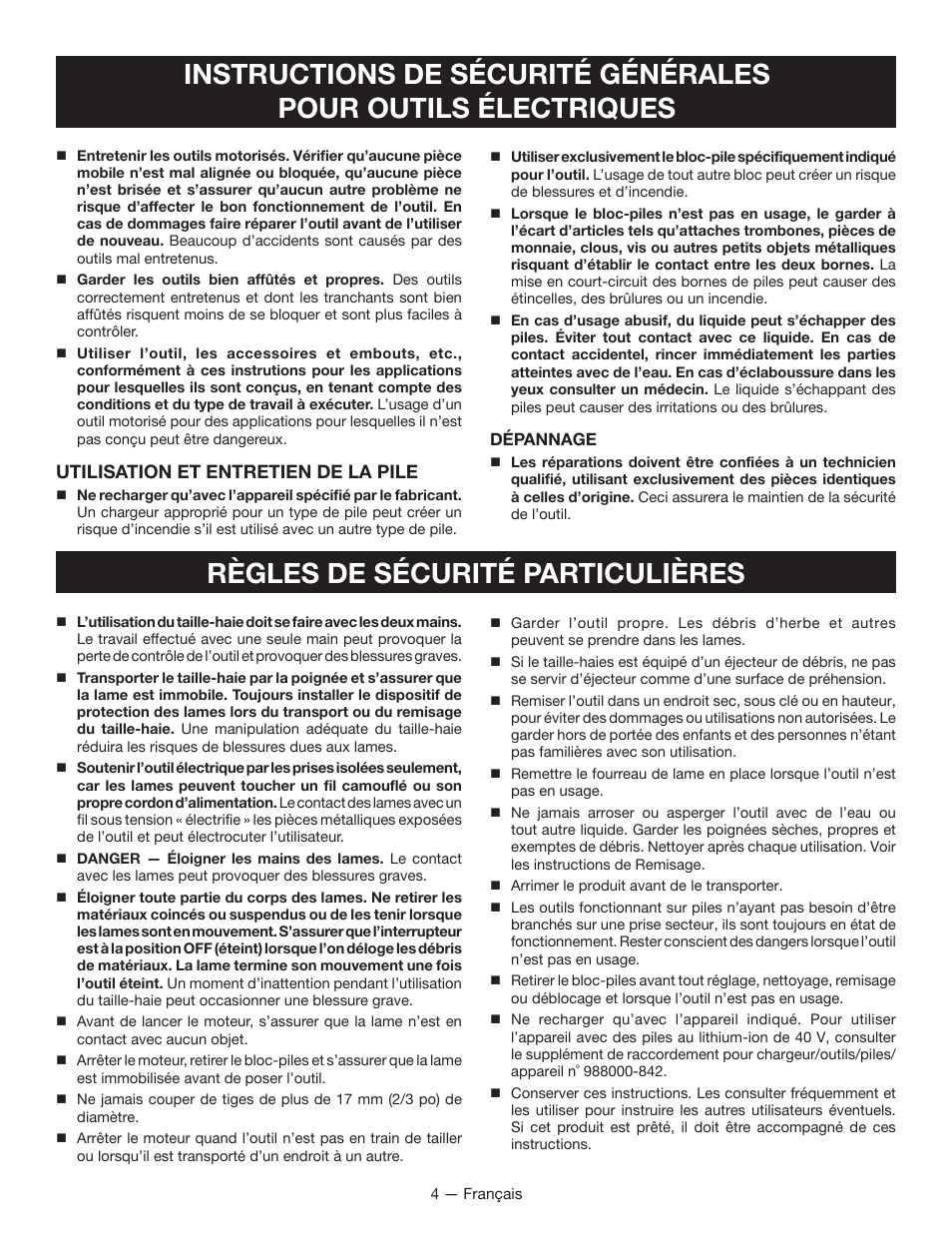Règles de sécurité particulières, Utilisation et entretien de la pile | Ryobi RY40600 User Manual | Page 15 / 34