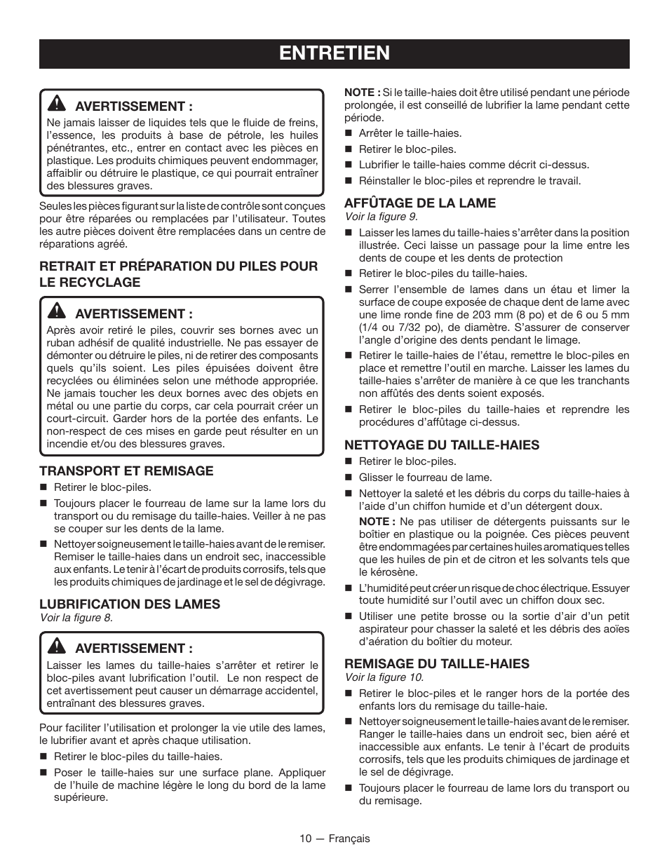 Entretien | Ryobi RY40600 User Manual | Page 21 / 34