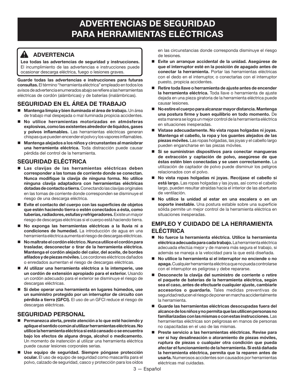 Advertencia, Seguridad en el área de trabajo, Seguridad eléctrica | Seguridad personal, Empleo y cuidado de la herramienta eléctrica | Ryobi RY40600 User Manual | Page 23 / 34