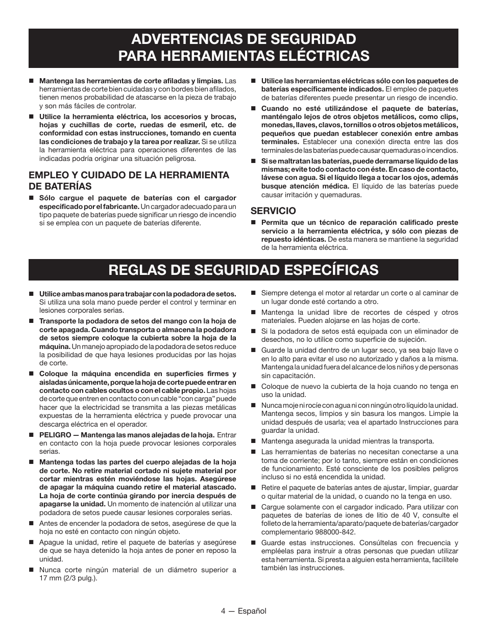 Reglas de seguridad específicas, Empleo y cuidado de la herramienta de baterías, Servicio | Ryobi RY40600 User Manual | Page 24 / 34
