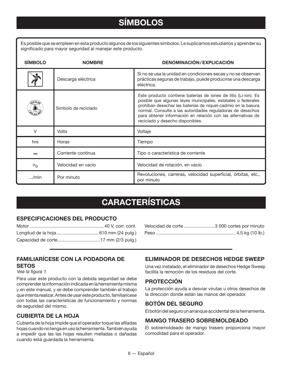 Símbolos características | Ryobi RY40600 User Manual | Page 26 / 34