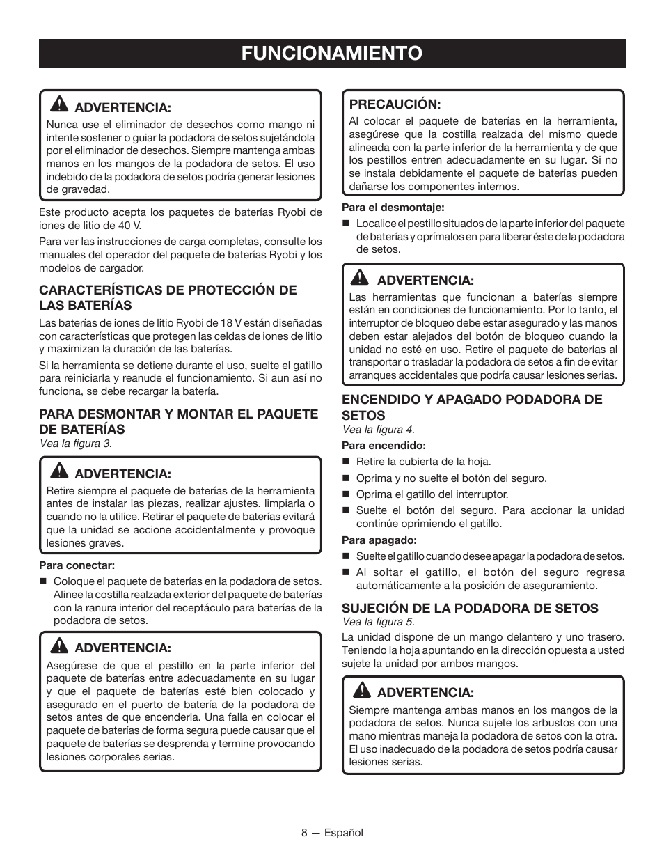 Funcionamiento | Ryobi RY40600 User Manual | Page 28 / 34