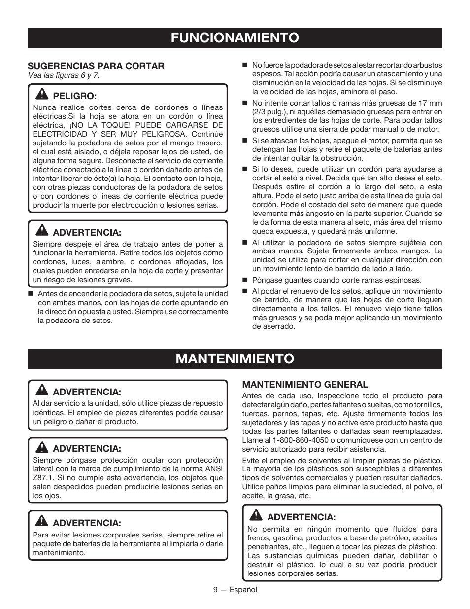 Funcionamiento, Mantenimiento | Ryobi RY40600 User Manual | Page 29 / 34