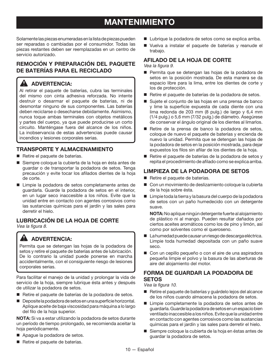 Mantenimiento | Ryobi RY40600 User Manual | Page 30 / 34