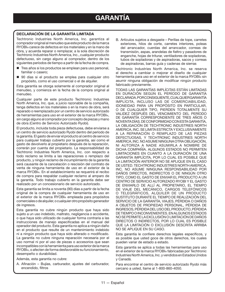 Garantía | Ryobi RY40600 User Manual | Page 31 / 34