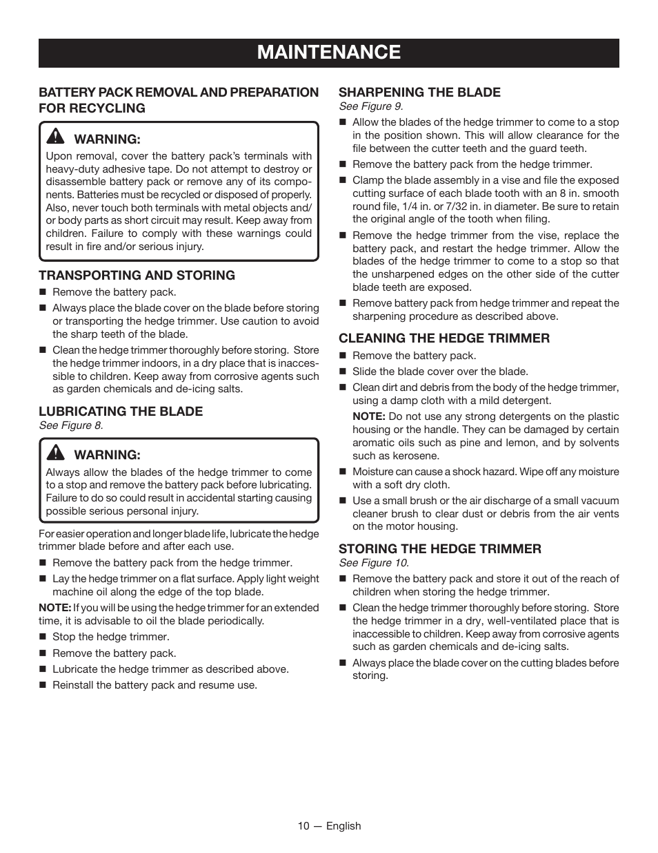 Maintenance | Ryobi RY40601 User Manual | Page 12 / 34