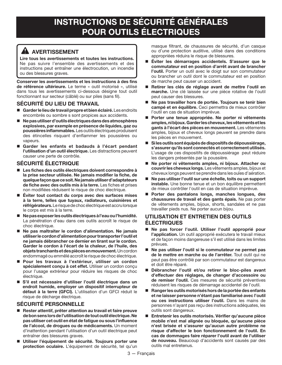 Avertissement | Ryobi RY40601 User Manual | Page 14 / 34