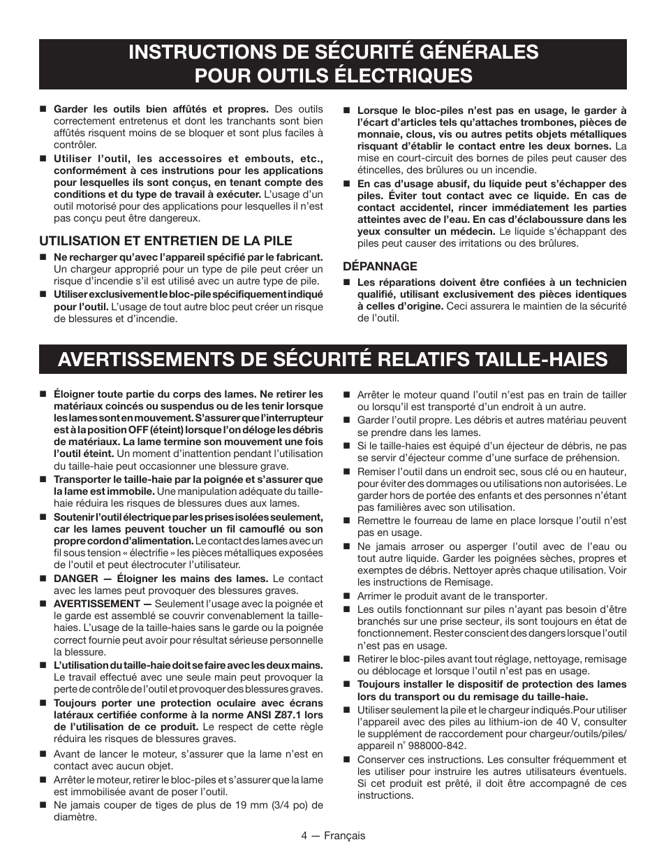 Avertissements de sécurité relatifs taille-haies, Utilisation et entretien de la pile | Ryobi RY40601 User Manual | Page 15 / 34