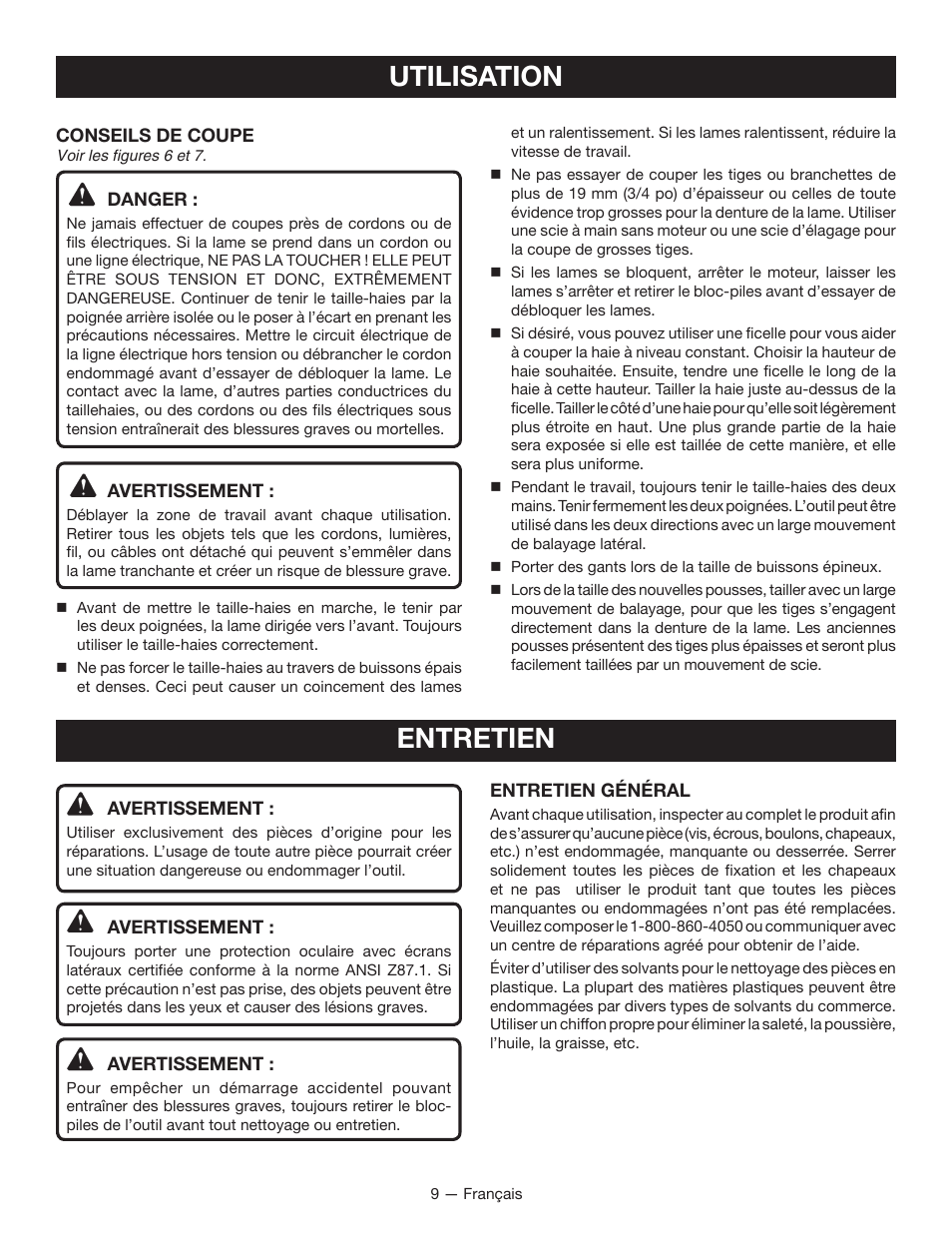 Utilisation, Entretien | Ryobi RY40601 User Manual | Page 20 / 34