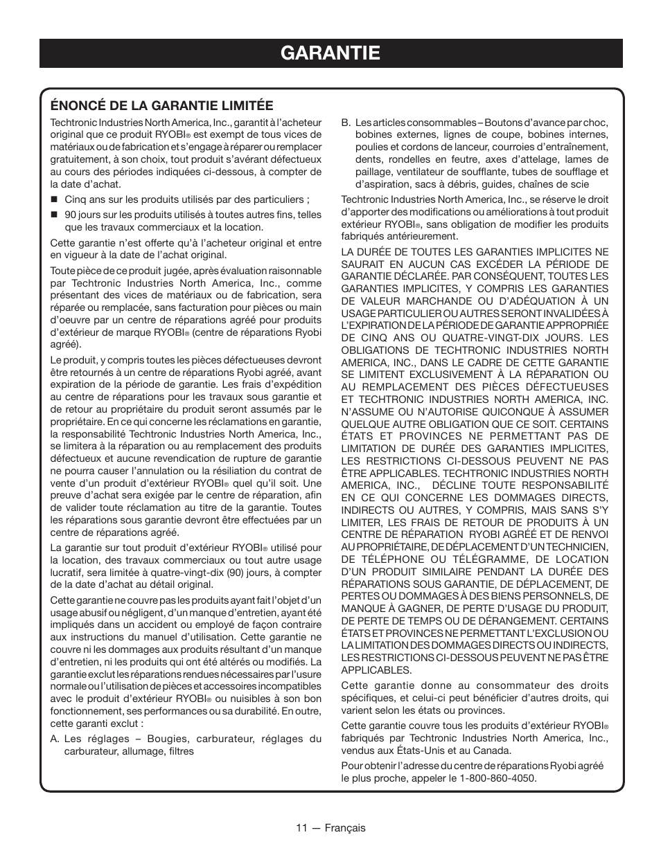 Garantie, Énoncé de la garantie limitée | Ryobi RY40601 User Manual | Page 22 / 34