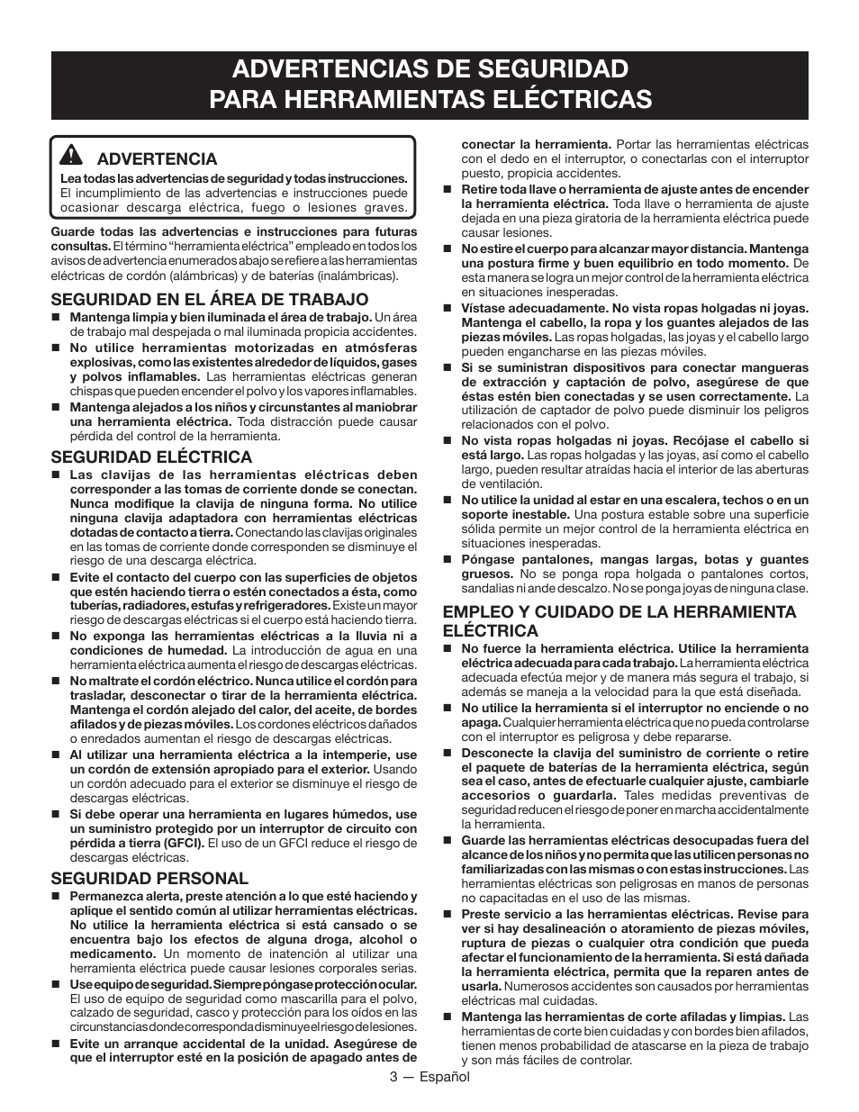 Advertencia, Seguridad en el área de trabajo, Seguridad eléctrica | Seguridad personal, Empleo y cuidado de la herramienta eléctrica | Ryobi RY40601 User Manual | Page 23 / 34
