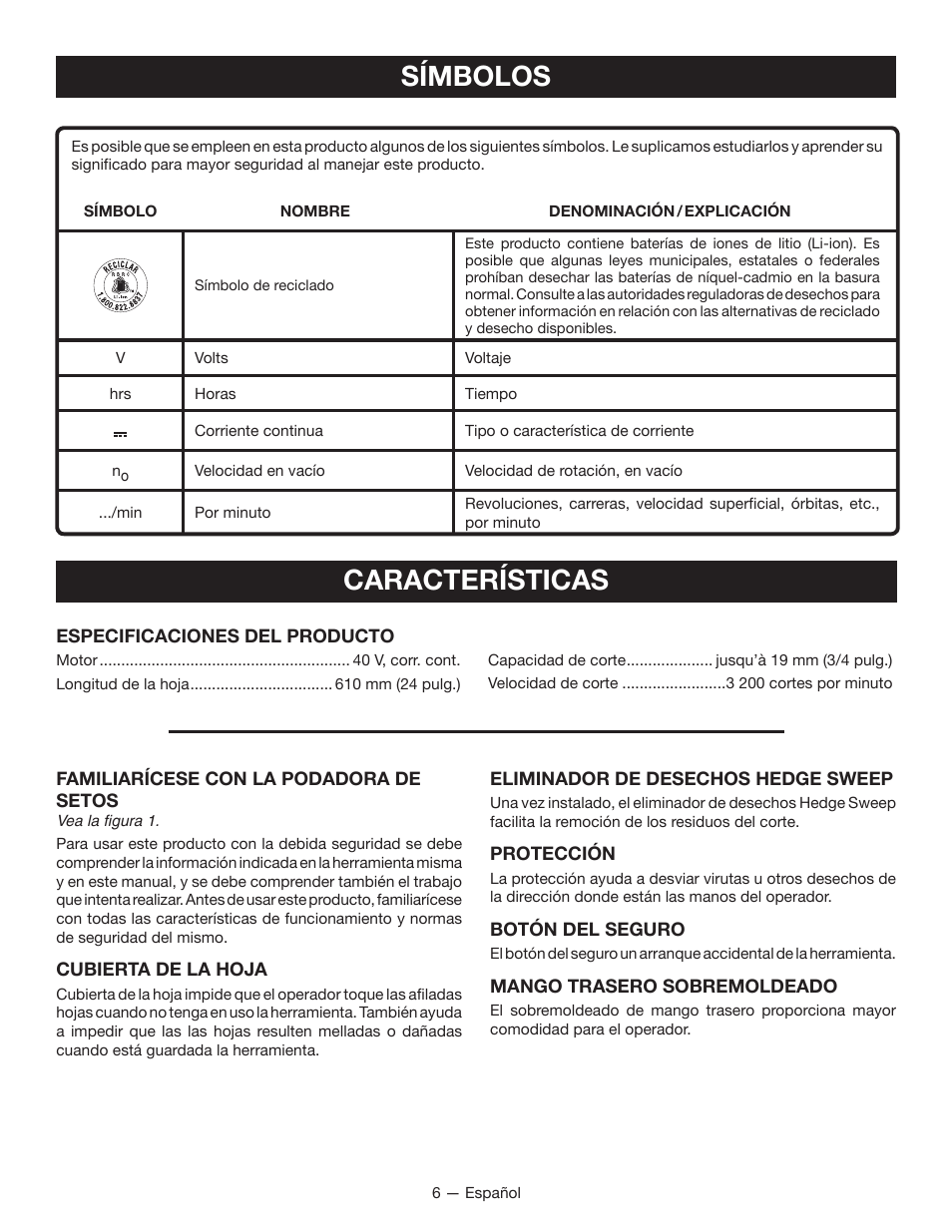 Símbolos características | Ryobi RY40601 User Manual | Page 26 / 34