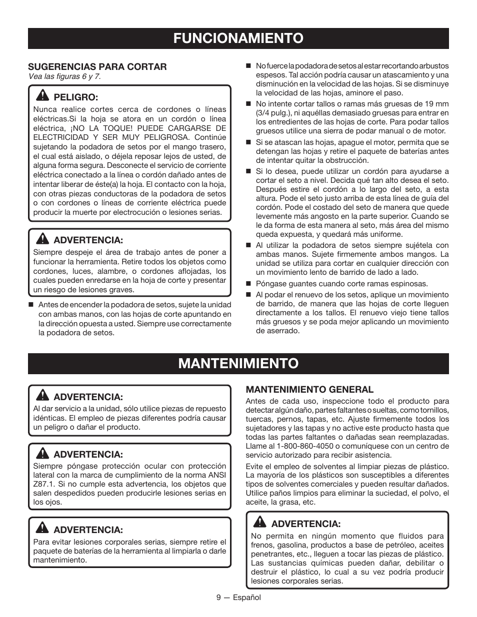 Funcionamiento, Mantenimiento | Ryobi RY40601 User Manual | Page 29 / 34