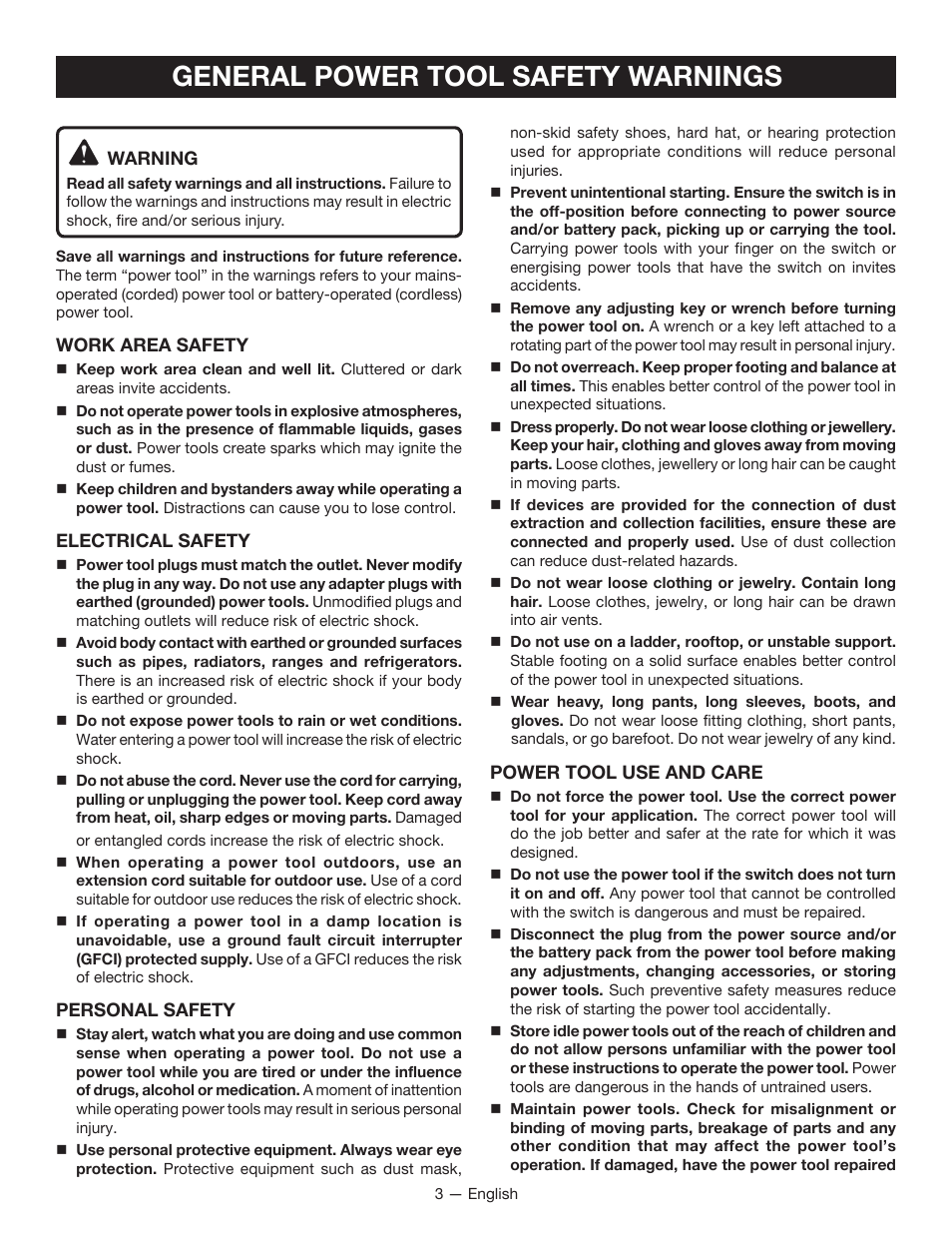 General power tool safety warnings | Ryobi RY40601 User Manual | Page 5 / 34