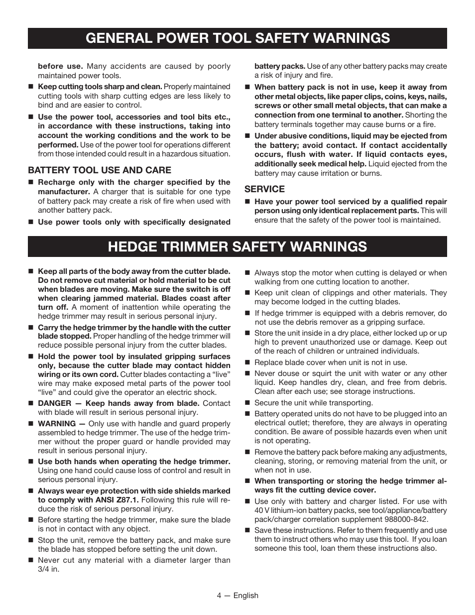 General power tool safety warnings, Hedge trimmer safety warnings | Ryobi RY40601 User Manual | Page 6 / 34