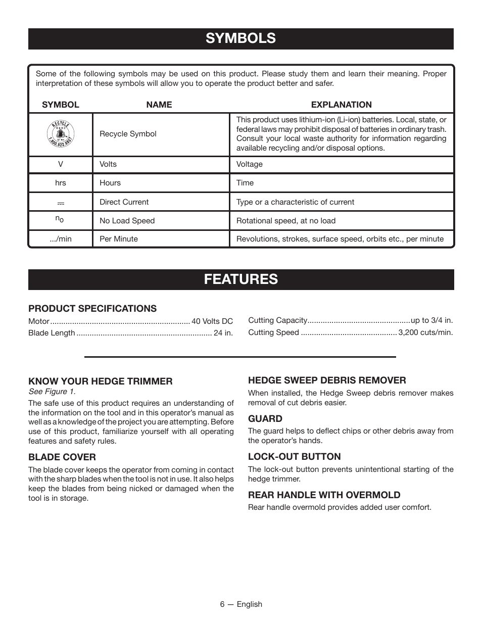 Symbols, Features | Ryobi RY40601 User Manual | Page 8 / 34