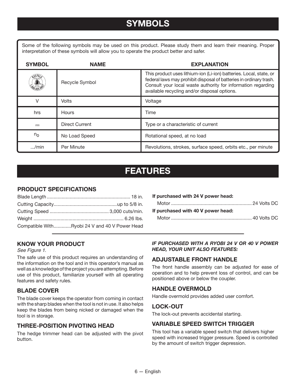 Features, Symbols | Ryobi RY40060 User Manual | Page 10 / 40