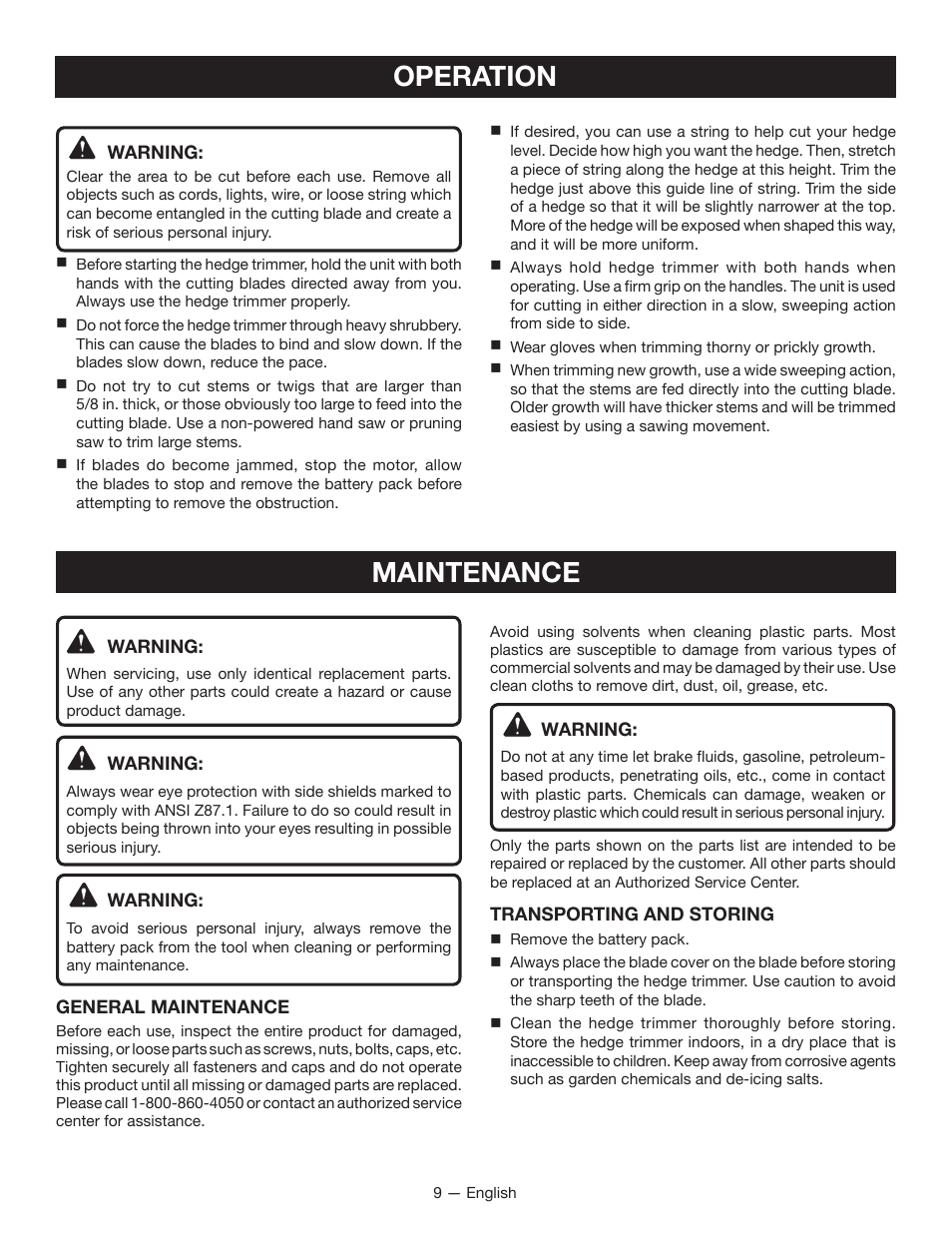 Operation, Maintenance | Ryobi RY40060 User Manual | Page 13 / 40