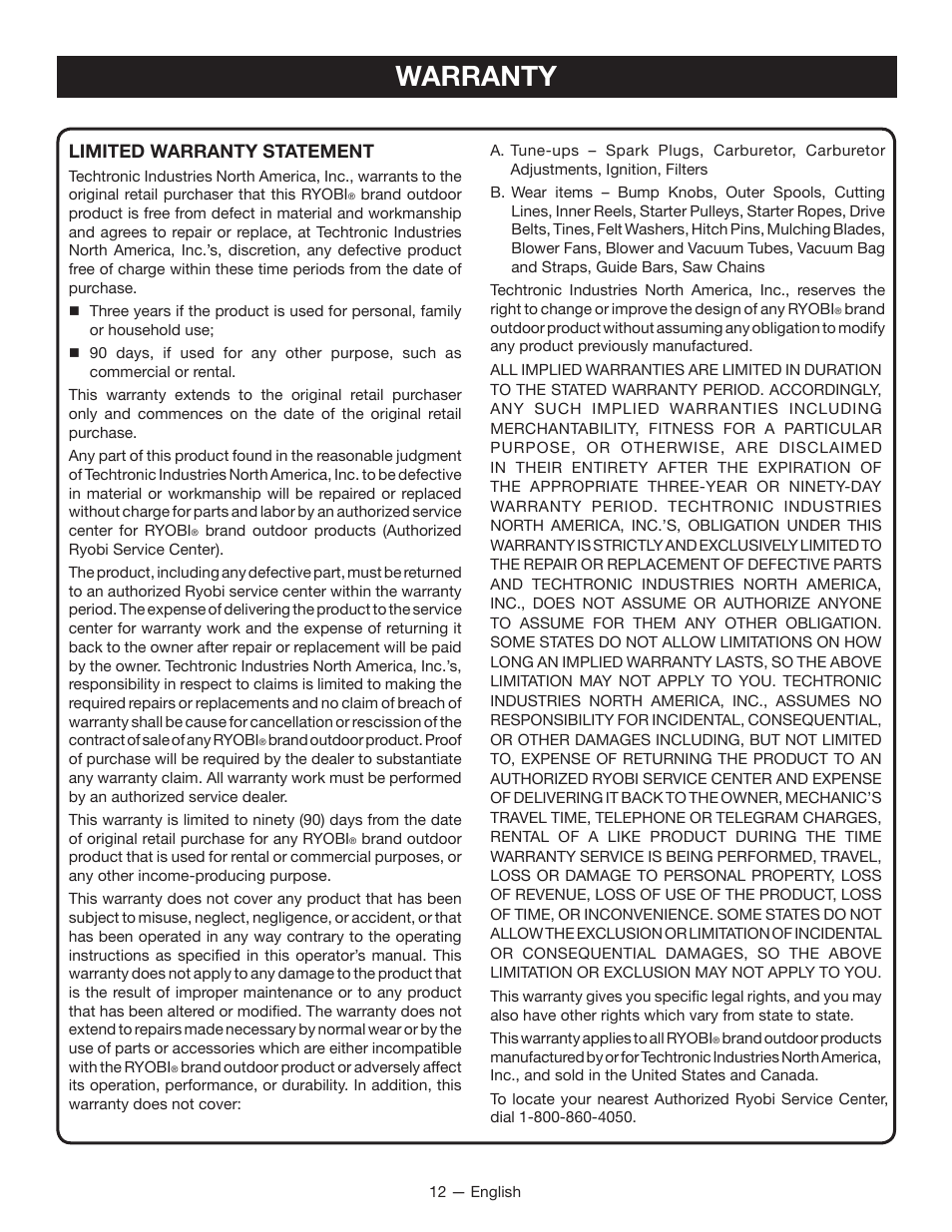 Warranty, Limited warranty statement | Ryobi RY40060 User Manual | Page 16 / 40