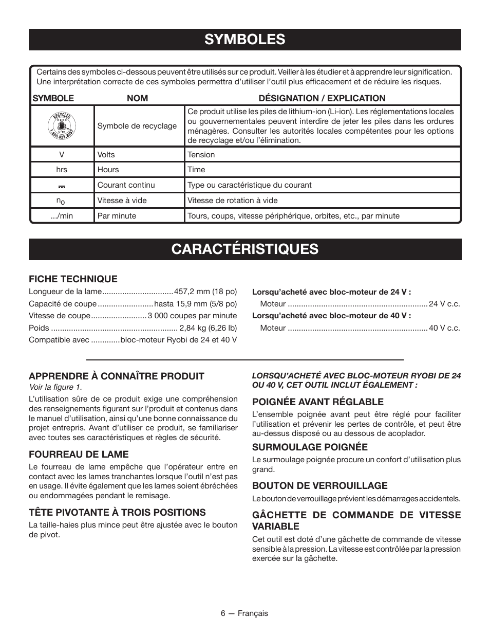 Caractéristiques, Symboles | Ryobi RY40060 User Manual | Page 21 / 40