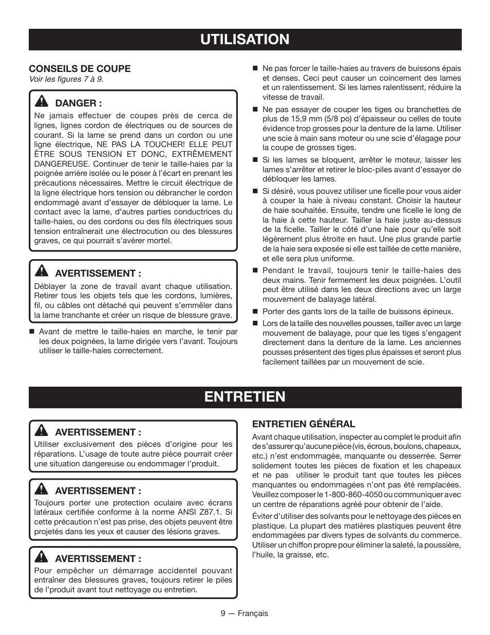 Utilisation, Entretien | Ryobi RY40060 User Manual | Page 24 / 40