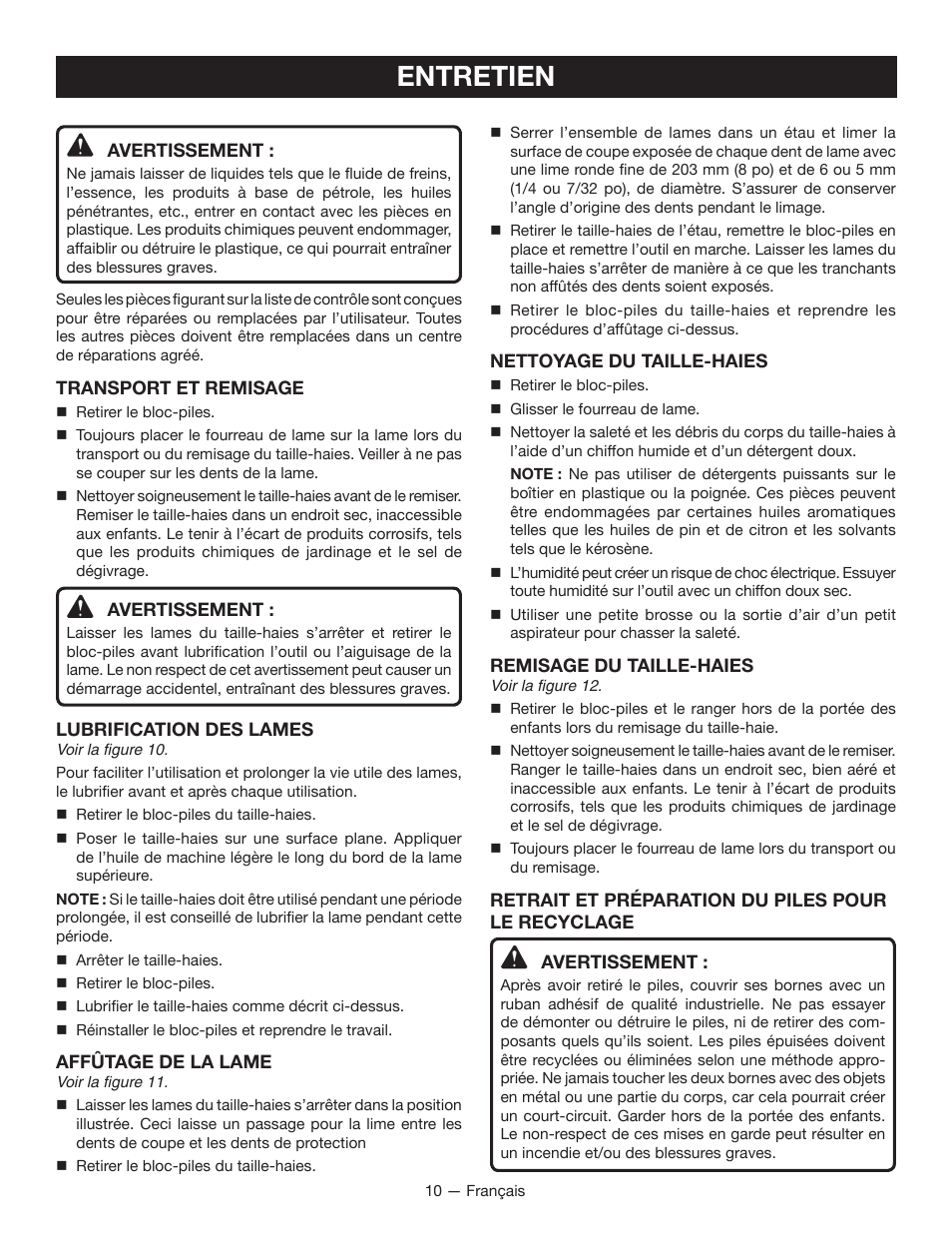 Entretien | Ryobi RY40060 User Manual | Page 25 / 40