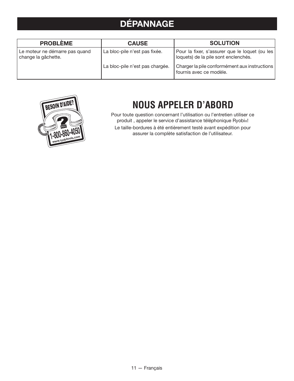 Nous appeler d’abord, Dépannage, Besoin d’aid e | Ryobi RY40060 User Manual | Page 26 / 40
