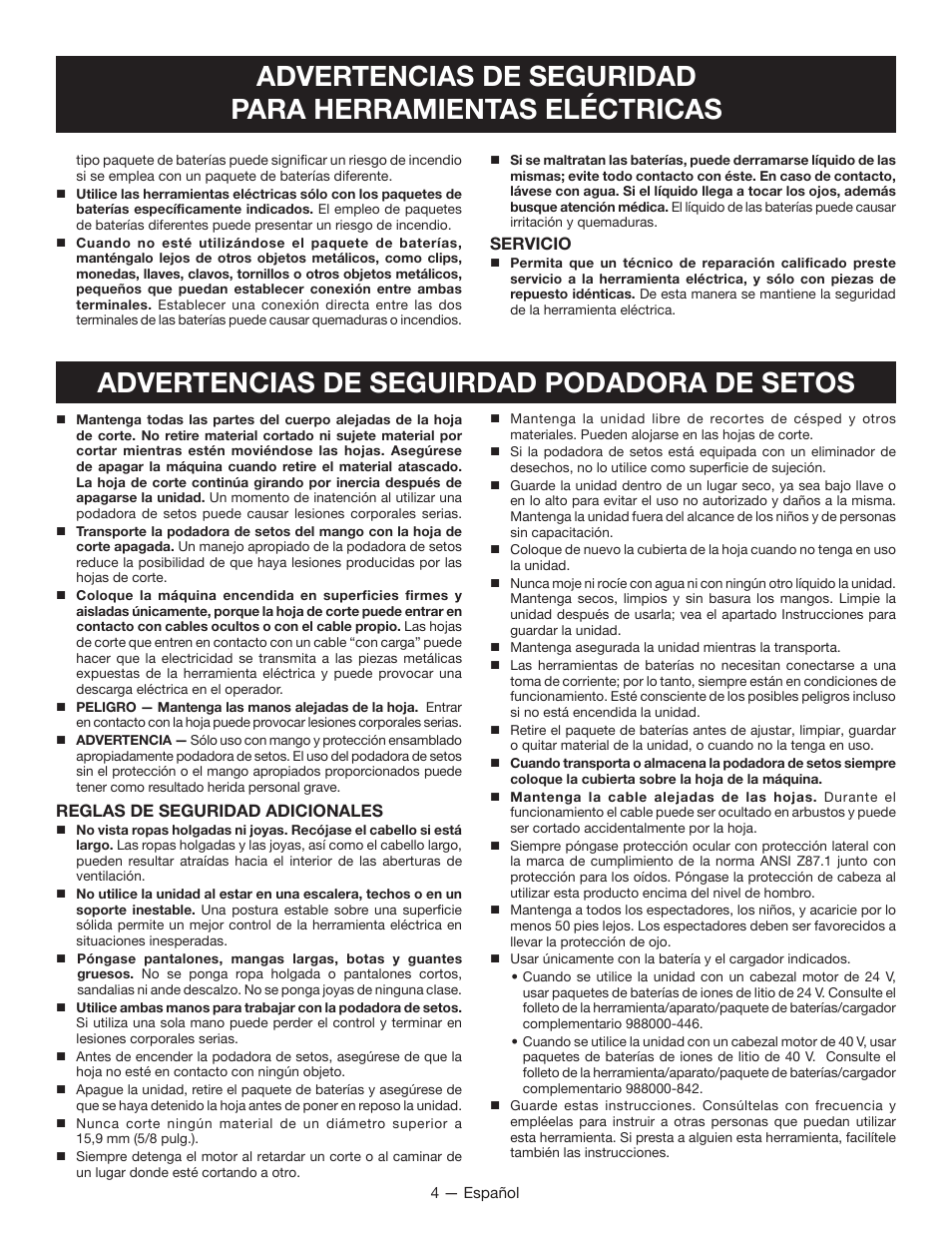 Servicio, Reglas de seguridad adicionales | Ryobi RY40060 User Manual | Page 30 / 40
