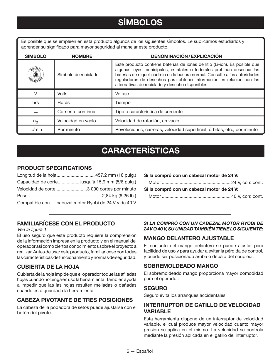 Características, Símbolos | Ryobi RY40060 User Manual | Page 32 / 40