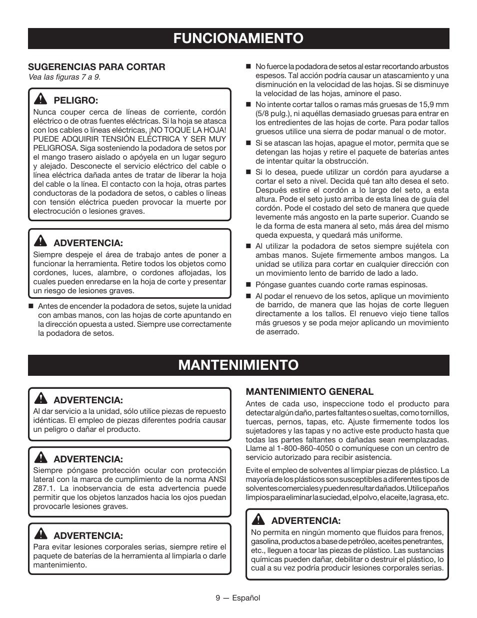 Funcionamiento, Mantenimiento | Ryobi RY40060 User Manual | Page 35 / 40