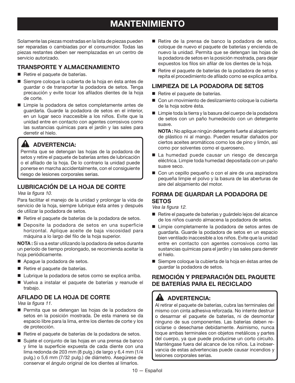 Mantenimiento | Ryobi RY40060 User Manual | Page 36 / 40