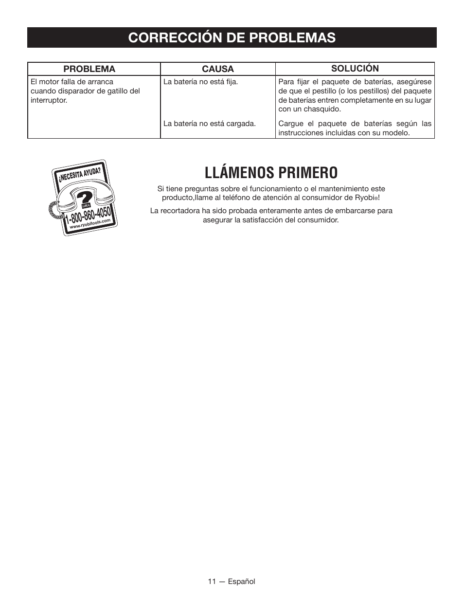 Llámenos primero, Corrección de problemas | Ryobi RY40060 User Manual | Page 37 / 40