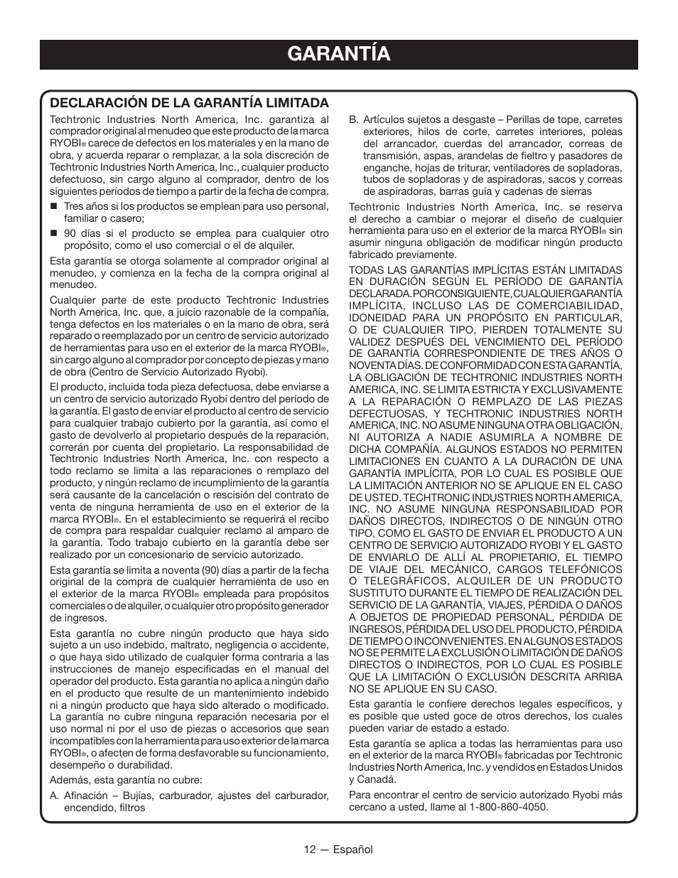 Garantía, Declaración de la garantía limitada | Ryobi RY40060 User Manual | Page 38 / 40