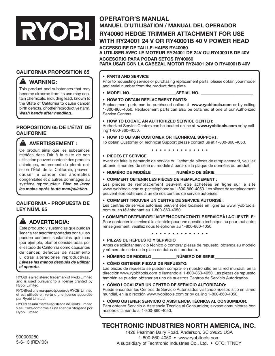 Operator’s manual, Techtronic industries north america, inc | Ryobi RY40060 User Manual | Page 40 / 40