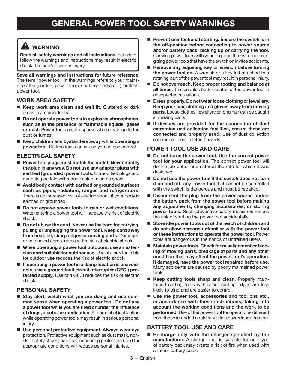 General power tool safety warnings | Ryobi RY40060 User Manual | Page 7 / 40